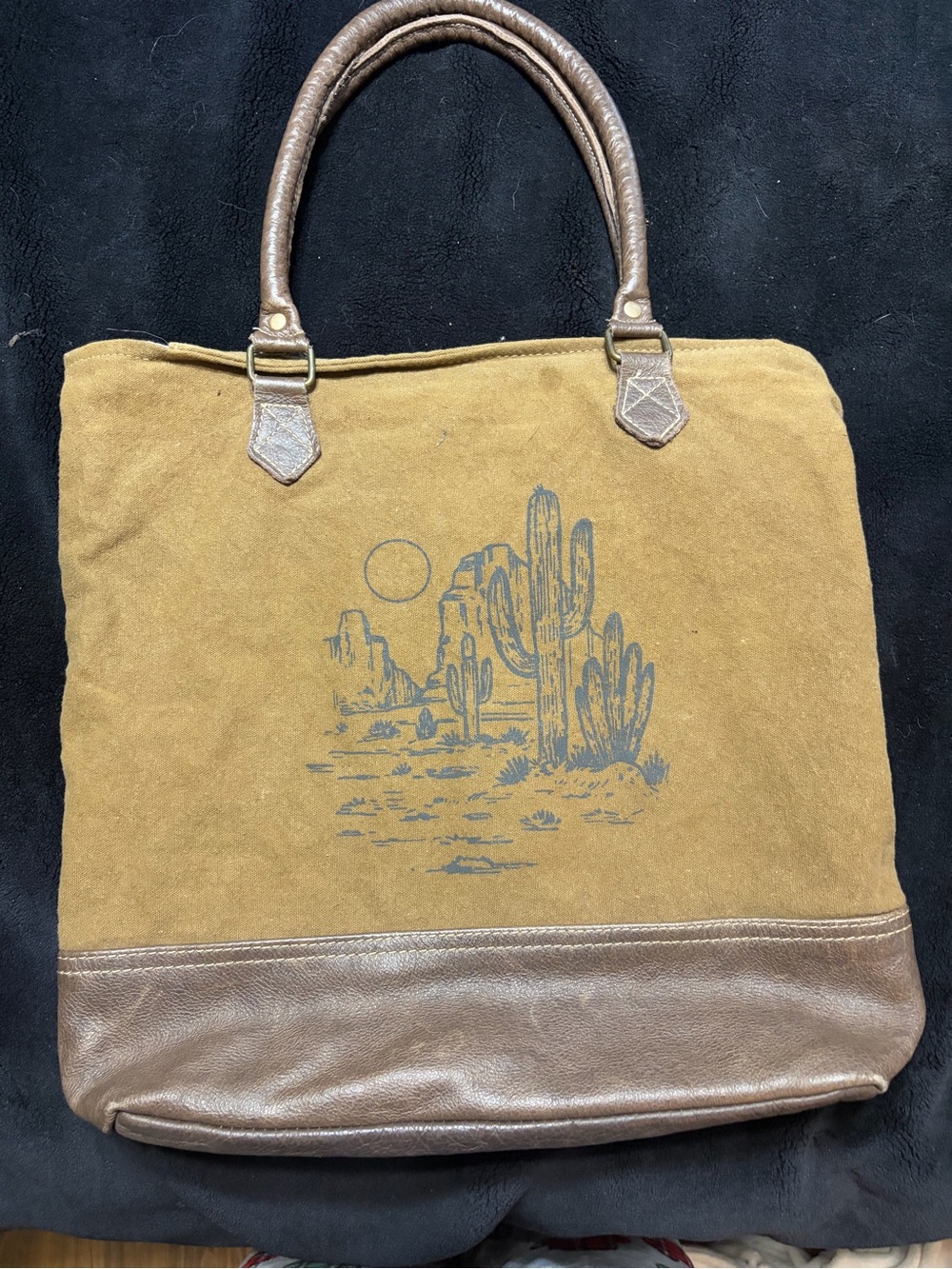 Desert Print Canvas Tote Bag with Brown Trim